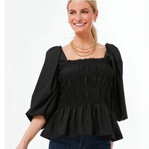 Pomander Place Black Smocked Square-Neck Peplum Blouse